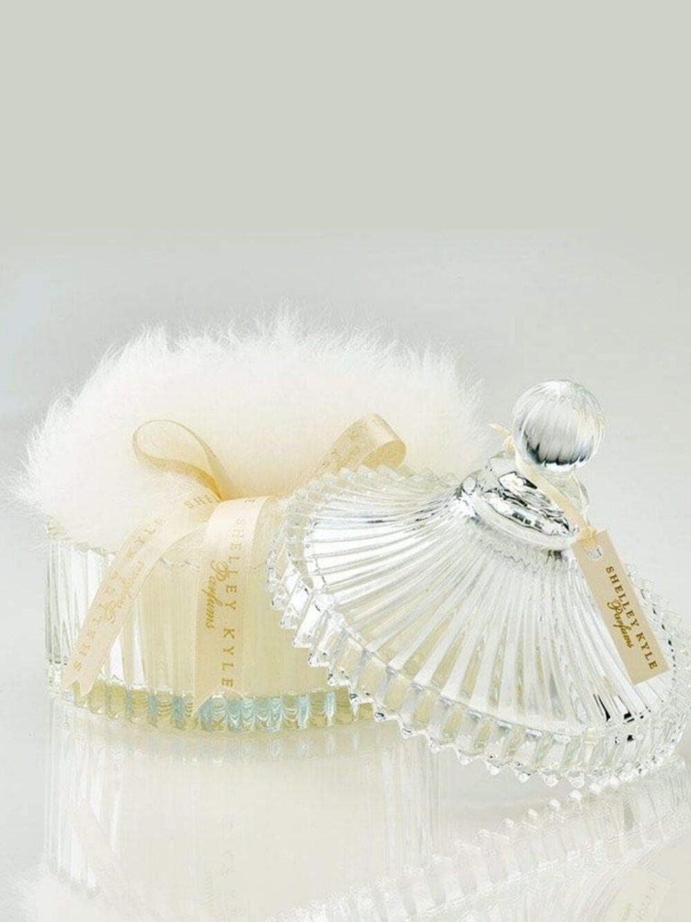 Large Handmade Lambs Wool Dusting Powder Puff with Crystal Dish - 7x7 Inches